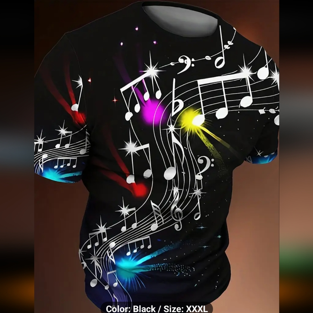 NWOT 3D Printed Musical Notes Men's Tee -  size 3XL runs small like a 1XL